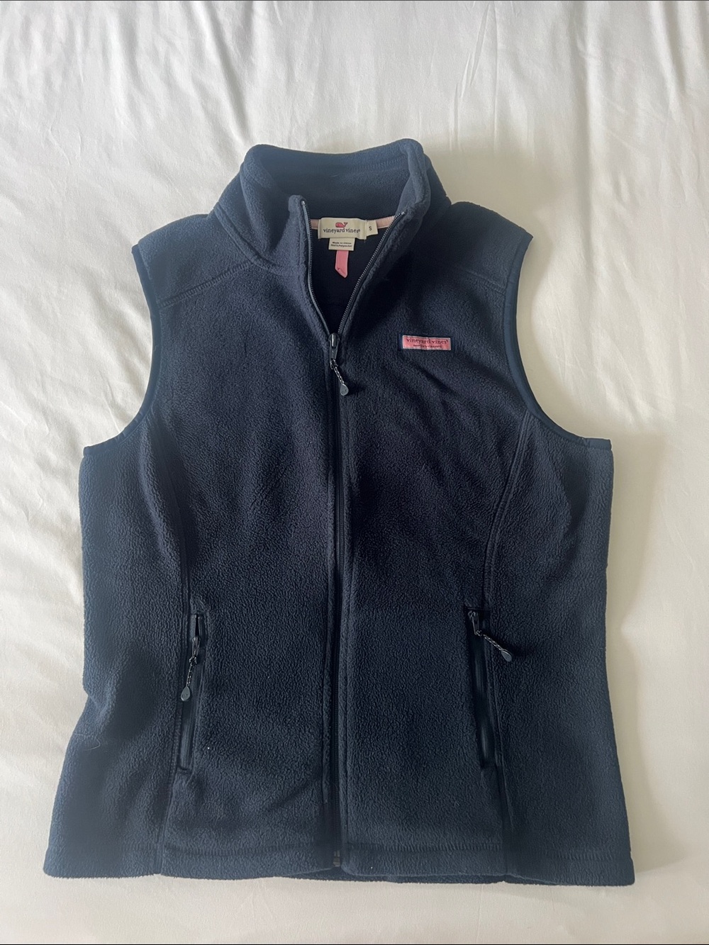 Vineyard Vines Navy Fleece Vest with Pink Logo Tab